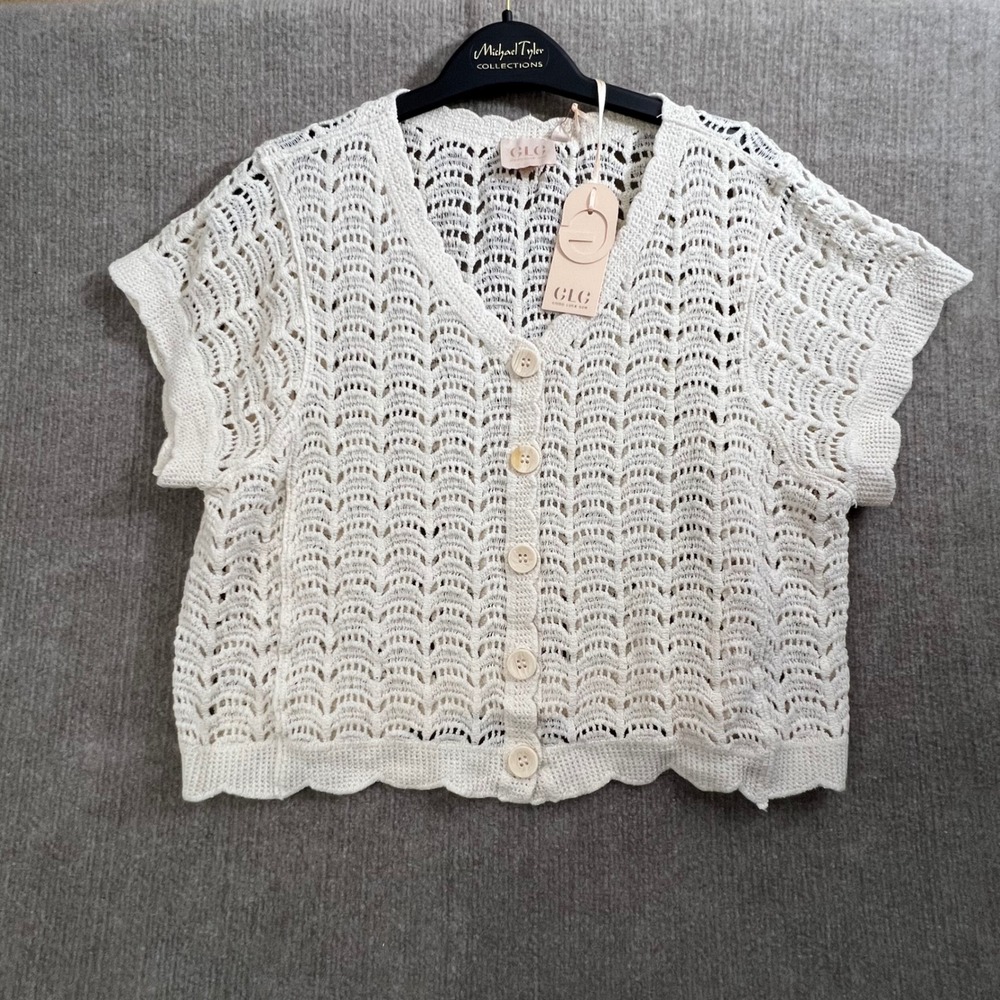 GLG Good Luck Gem Crochet Knit Button Front Cardigan Short Sleeve XL